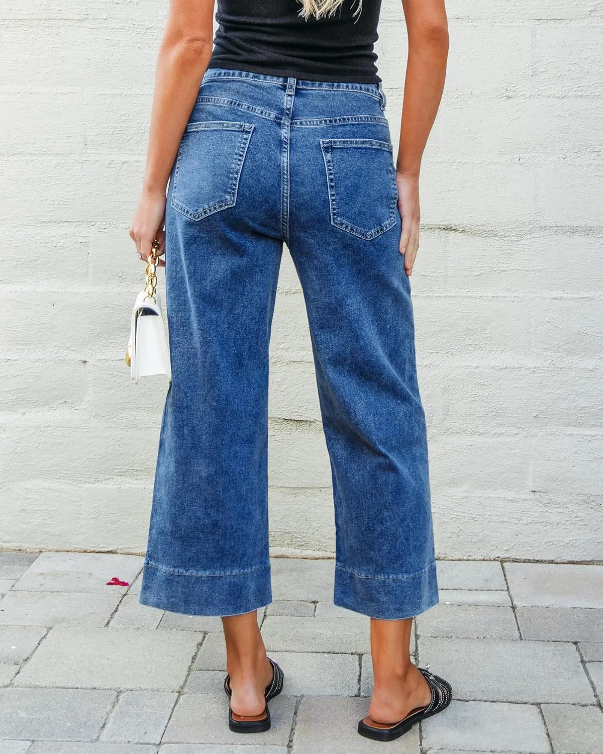 GRAPENT Capri Jeans for Women High Waisted Wide Leg Trendy Strechy Loose Straight Cropped Denim Jeans Pants with Pockets