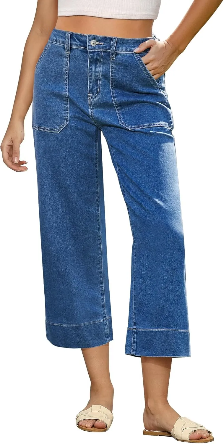 GRAPENT Capri Jeans for Women High Waisted Wide Leg Trendy Strechy Loose Straight Cropped Denim Jeans Pants with Pockets