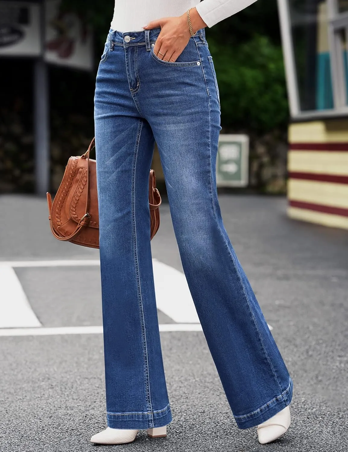 GRAPENT Womens Flare Jeans High Waisted Wide Leg Baggy Jean for Women Stretch Denim Pants