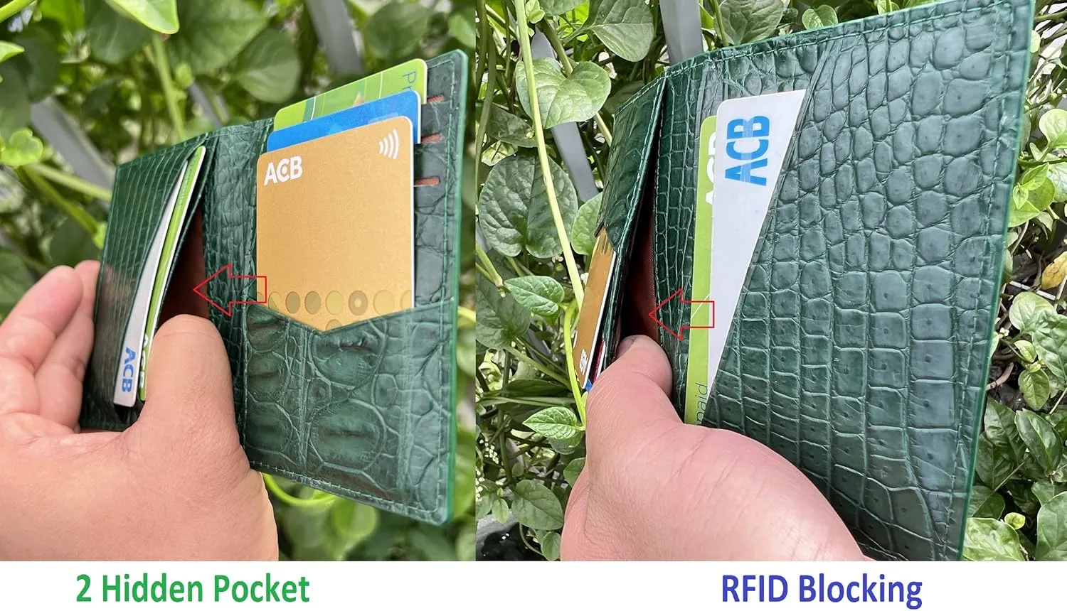 Green Alligator Leather Slim Minimalist Wallet Men Crocodile Double Side Bifold Vertical Credit Card Holder Premium RFID Blocking Handmade Vietnamese Green-CARD-14