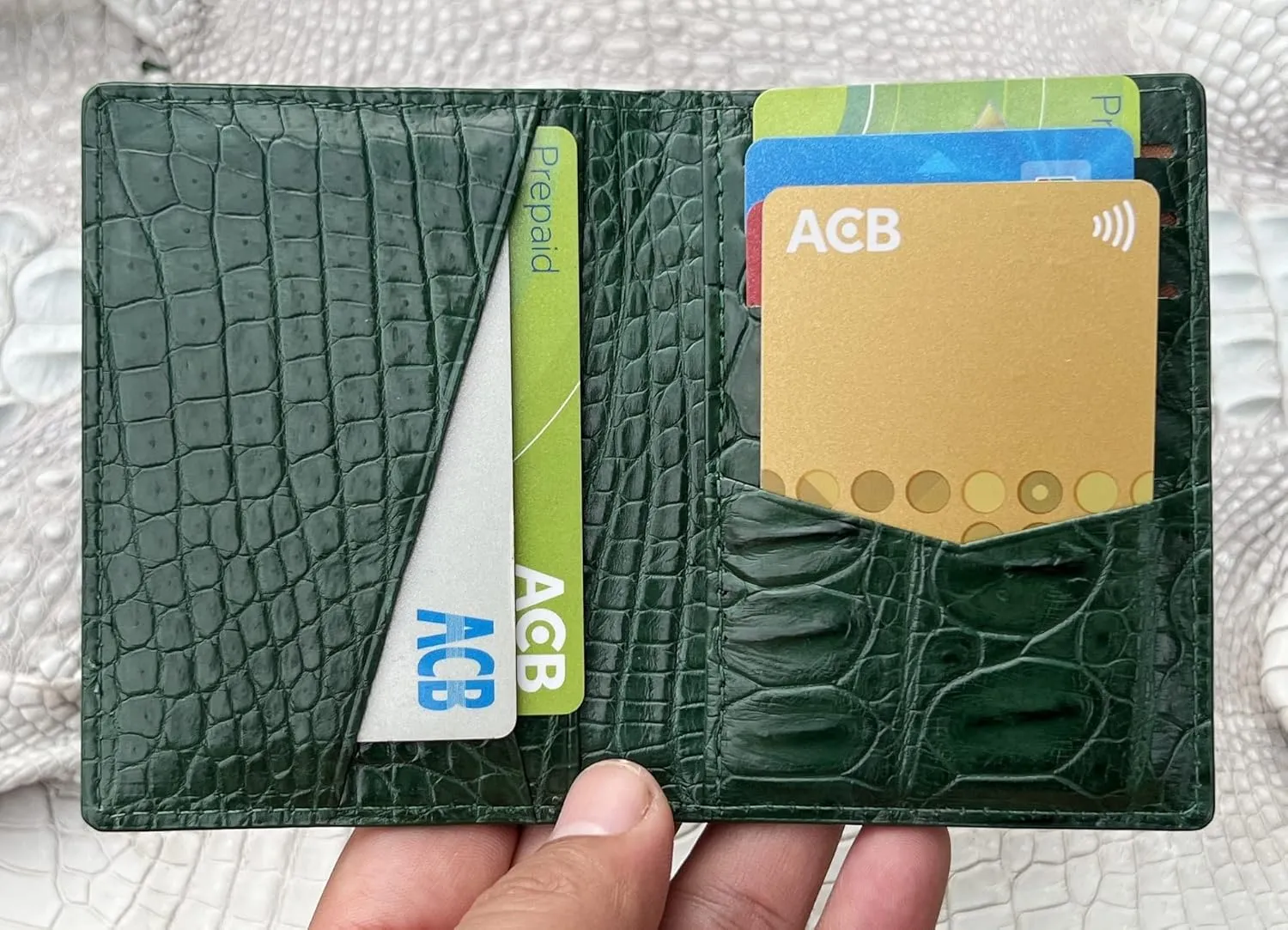 Green Alligator Leather Slim Minimalist Wallet Men Crocodile Double Side Bifold Vertical Credit Card Holder Premium RFID Blocking Handmade Vietnamese Green-CARD-14