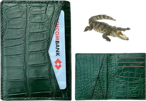 Green Alligator Leather Slim Minimalist Wallet Men Crocodile Double Side Bifold Vertical Credit Card Holder Premium RFID Blocking Handmade Vietnamese Green-CARD-14