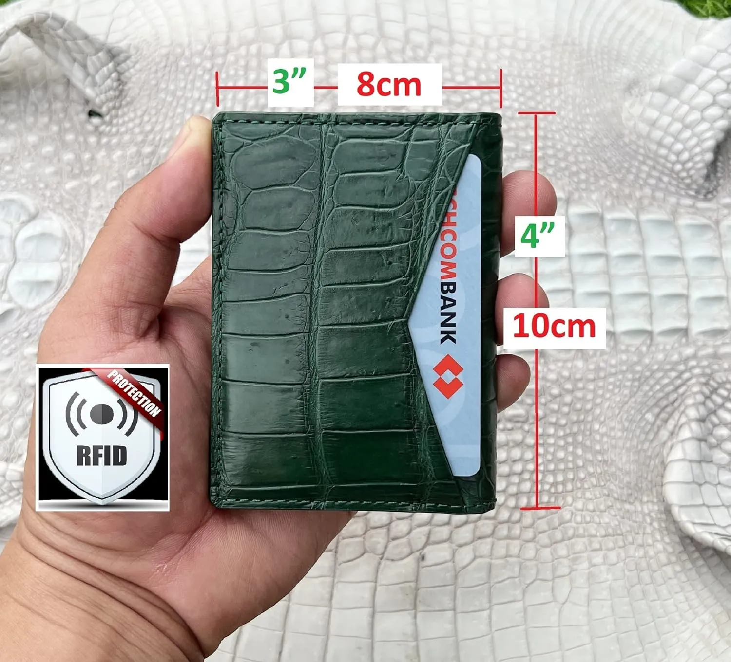 Green Alligator Leather Slim Minimalist Wallet Men Crocodile Double Side Bifold Vertical Credit Card Holder Premium RFID Blocking Handmade Vietnamese Green-CARD-14