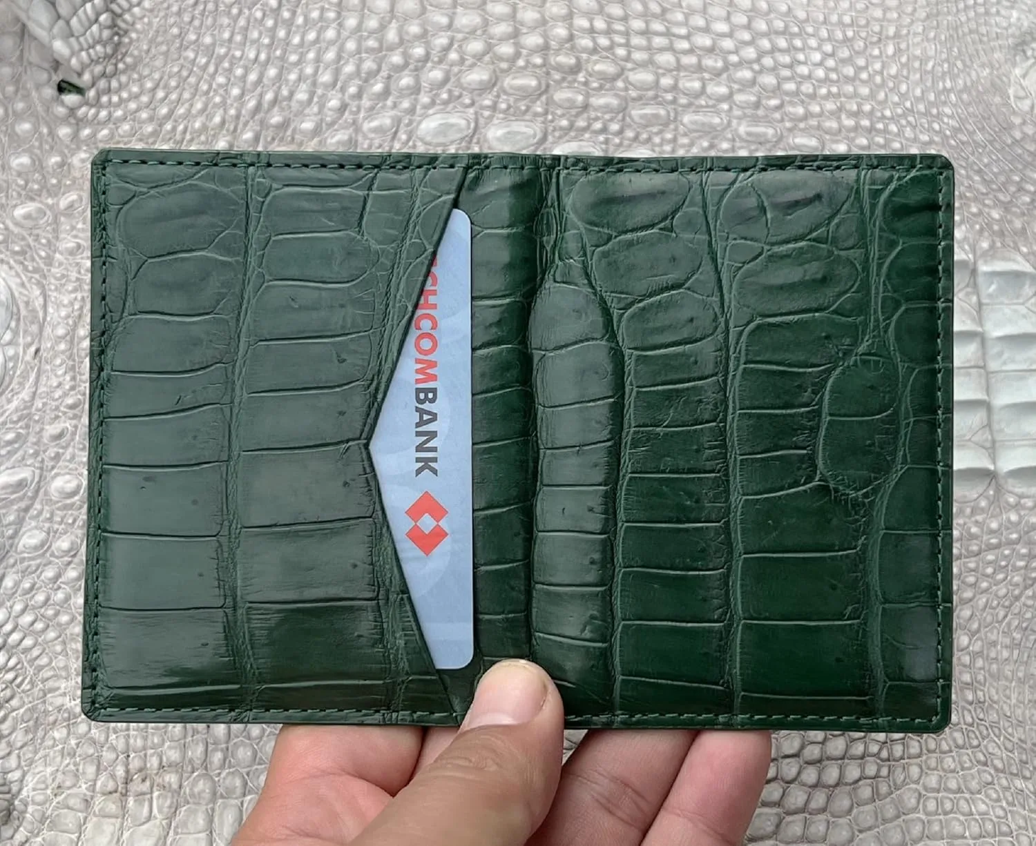 Green Alligator Leather Slim Minimalist Wallet Men Crocodile Double Side Bifold Vertical Credit Card Holder Premium RFID Blocking Handmade Vietnamese Green-CARD-14