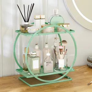 Green Perfume Organizer for Dresser, 2-Tier Bathroom Counter Organizers, Elegant Round Makeup Organizer for Vanity, Versatile Bathroom Tray Countertop Shelf, Compact Skincare Storage