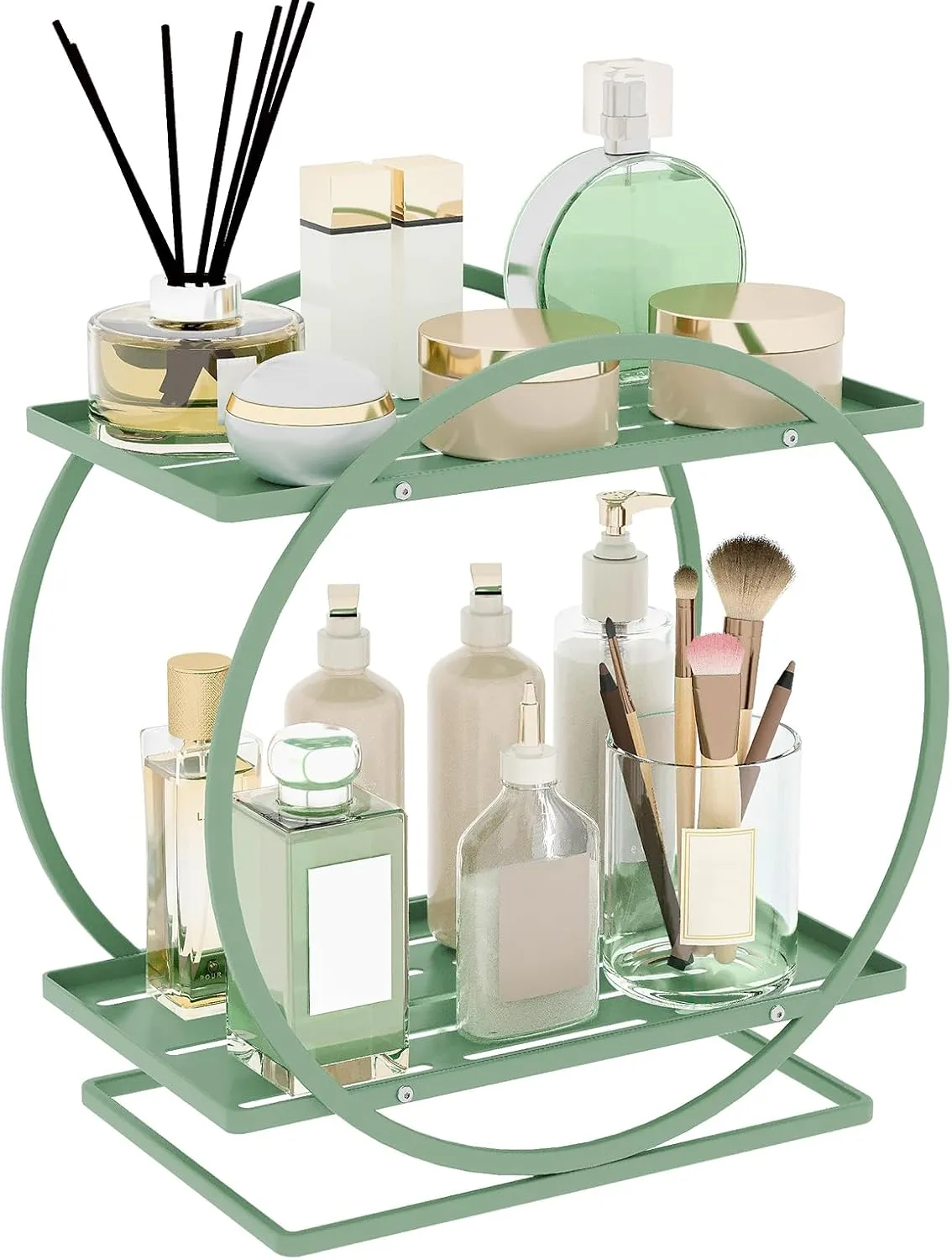 Green Perfume Organizer for Dresser, 2-Tier Bathroom Counter Organizers, Elegant Round Makeup Organizer for Vanity, Versatile Bathroom Tray Countertop Shelf, Compact Skincare Storage