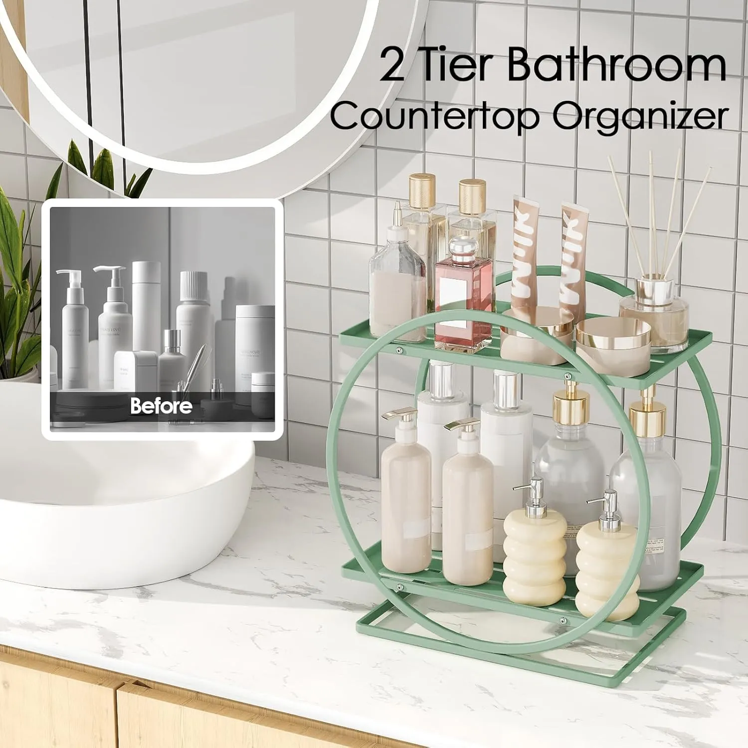 Green Perfume Organizer for Dresser, 2-Tier Bathroom Counter Organizers, Elegant Round Makeup Organizer for Vanity, Versatile Bathroom Tray Countertop Shelf, Compact Skincare Storage