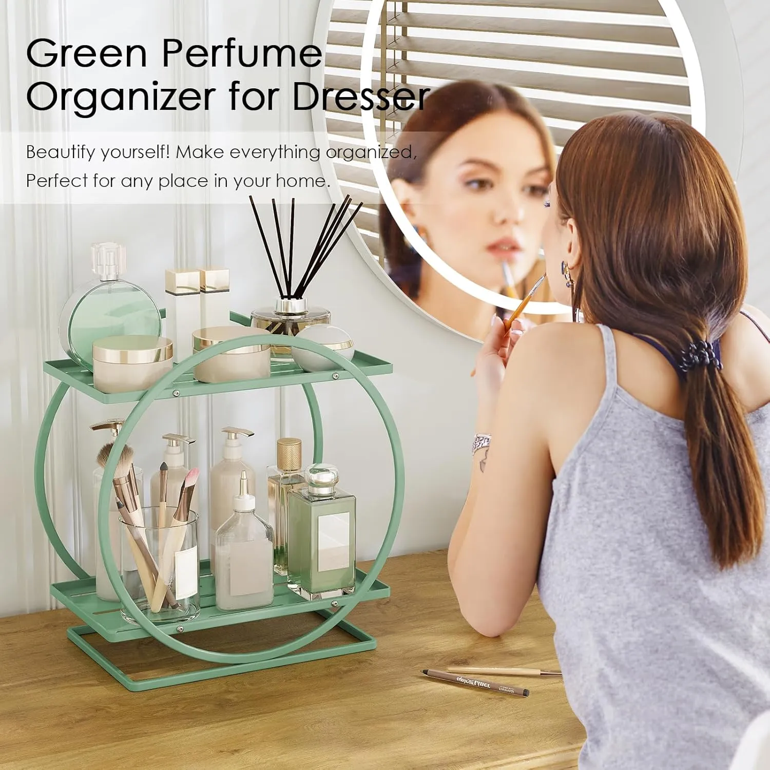 Green Perfume Organizer for Dresser, 2-Tier Bathroom Counter Organizers, Elegant Round Makeup Organizer for Vanity, Versatile Bathroom Tray Countertop Shelf, Compact Skincare Storage