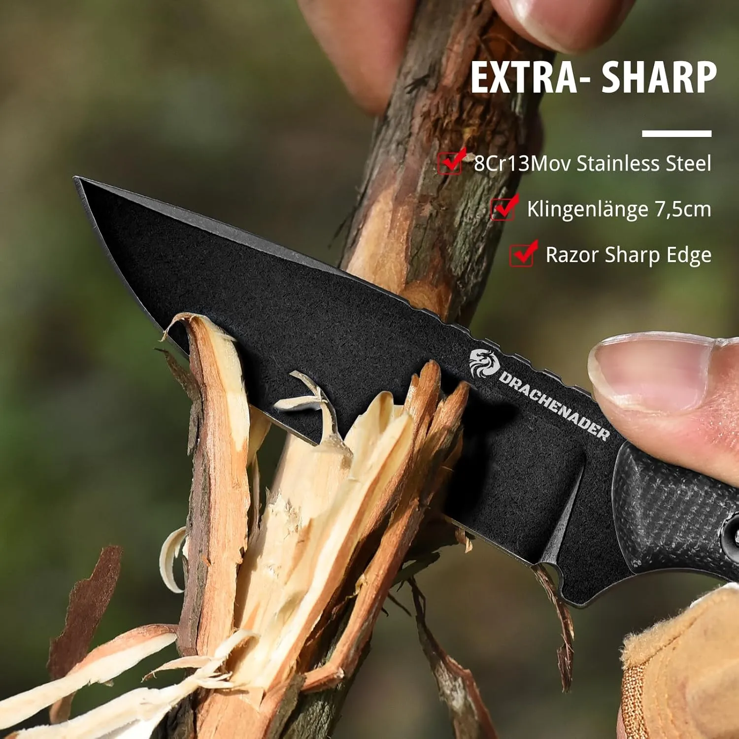 GT3 EDC 7" Small Fixed Blade Knife with Kydex Sheath, Neck Tactical Knife with 2.95" Blade, Full Tang, with Pocket Clip, Micarta Handle, Full Black
