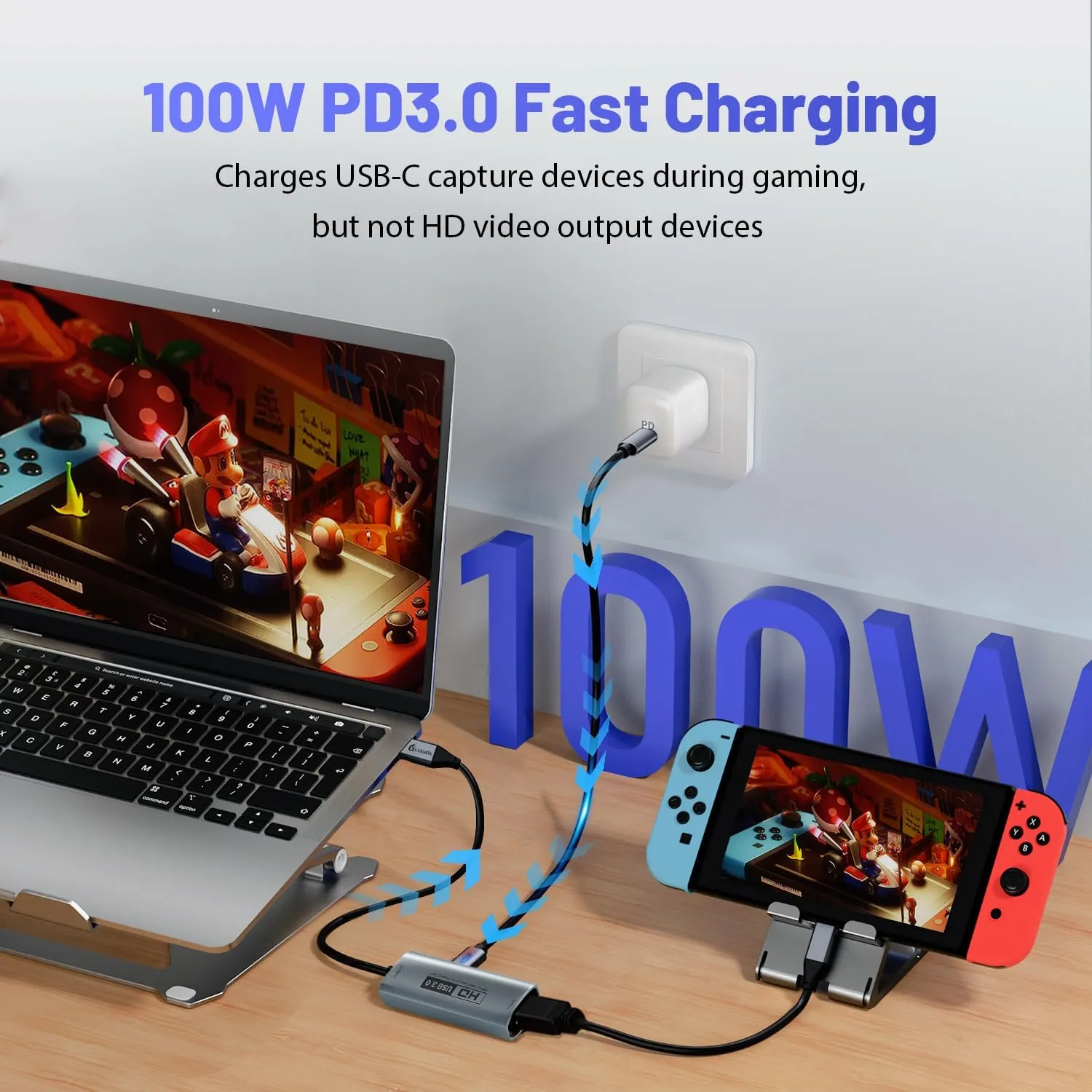 Guermok USB3.0 Video Capture Card with PD 100W, 1080P@60FPS HDMI to USB-A/C Capture Card with Type C Adapter, Streaming Devices for Oculus/Quest 3/ iPad/MacOS/Switch/ PS4 5, Silver