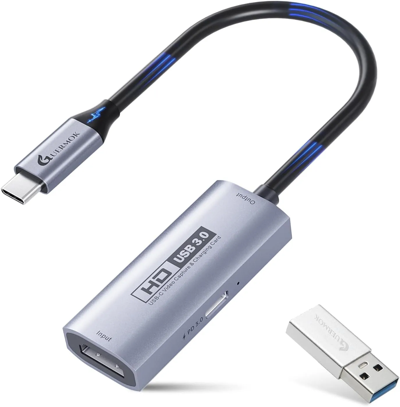 Guermok USB3.0 Video Capture Card with PD 100W, 1080P@60FPS HDMI to USB-A/C Capture Card with Type C Adapter, Streaming Devices for Oculus/Quest 3/ iPad/MacOS/Switch/ PS4 5, Silver