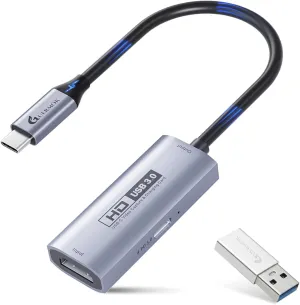 Guermok USB3.0 Video Capture Card with PD 100W, 1080P@60FPS HDMI to USB-A/C Capture Card with Type C Adapter, Streaming Devices for Oculus/Quest 3/ iPad/MacOS/Switch/ PS4 5, Silver