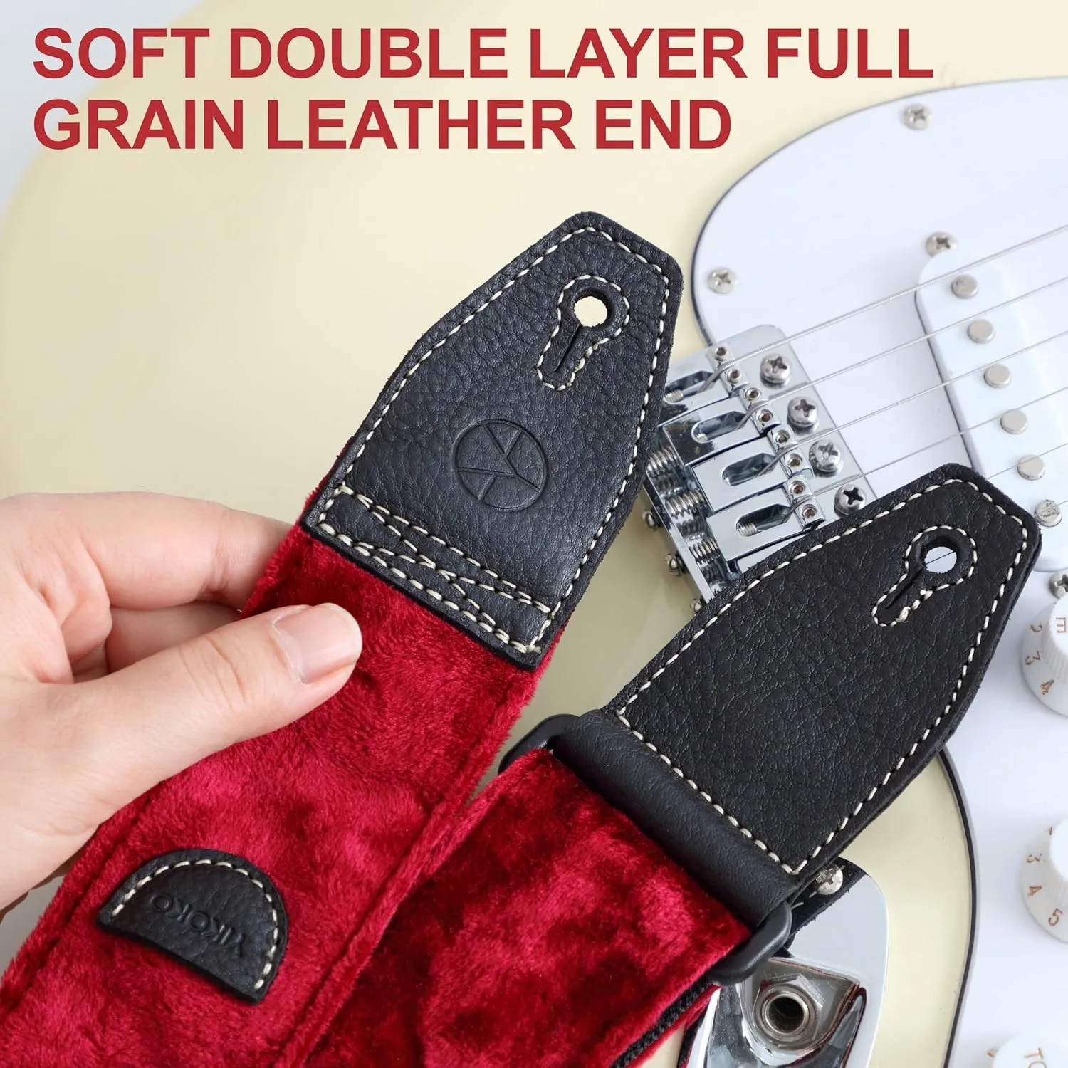 Guitar Strap 2 inch Velvet Guitar Straps with Full Grain Leather End, for Bass Electric and Acoustic Guitars, Free Strap Button, 2 Strap Locks and 4 Guitar Picks
