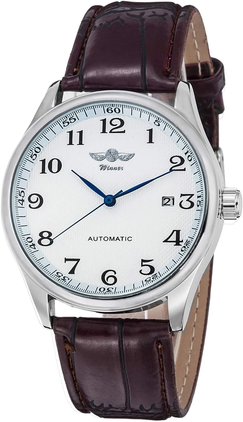 Gute Men's Watch, Mechanical Skeleton Steampunk Automatic Self-Winding Arabic Numeral Blue Hands Brown PU Leather Wrist Watch