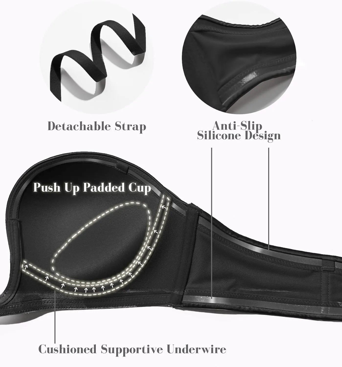 HACI Plunge Deep U Strapless Bra Push Up Demi Everyday Seamless Underwire