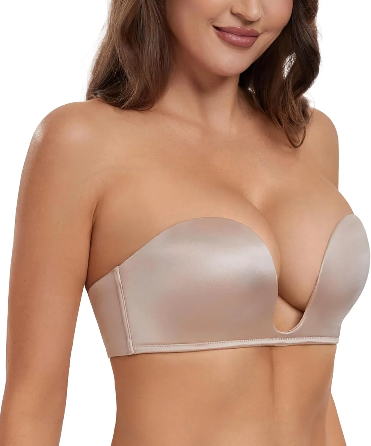 HACI Plunge Deep U Strapless Bra Push Up Demi Everyday Seamless Underwire