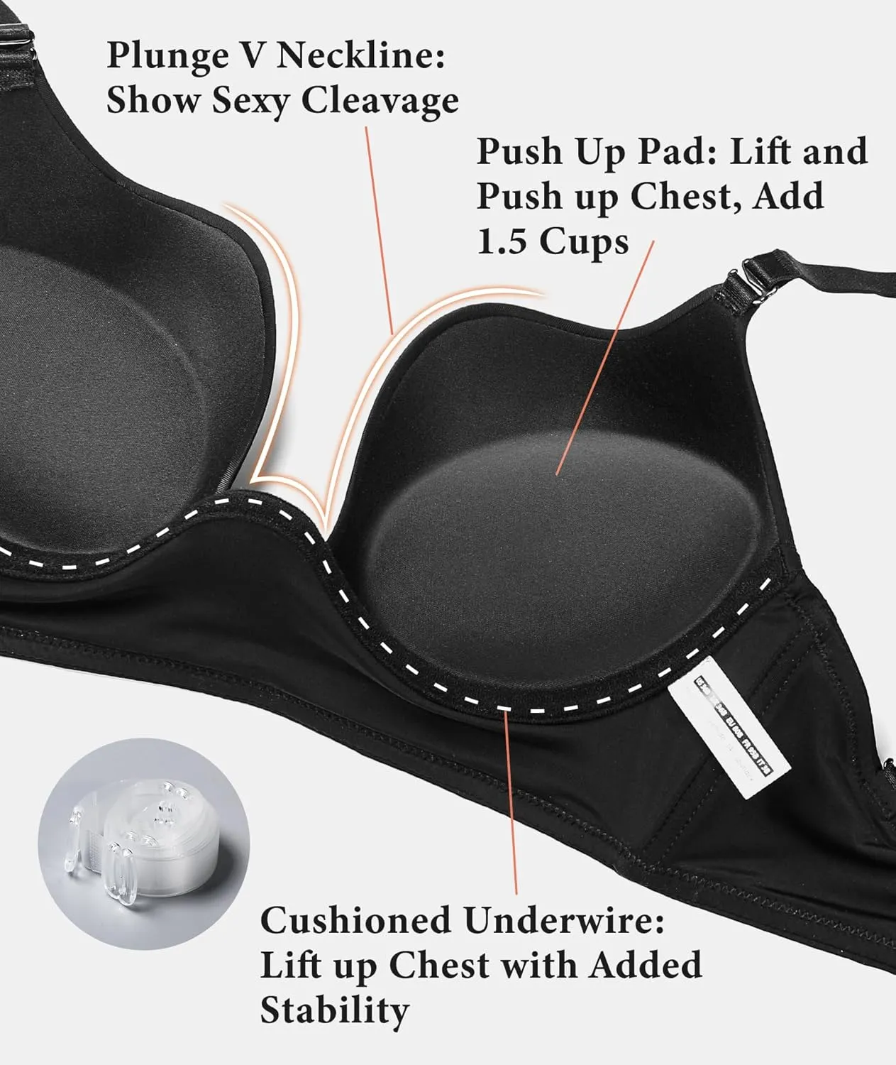 HACI Plunge U Neckline Backless Bra Push Up Deep V Padded Low Cut for Support