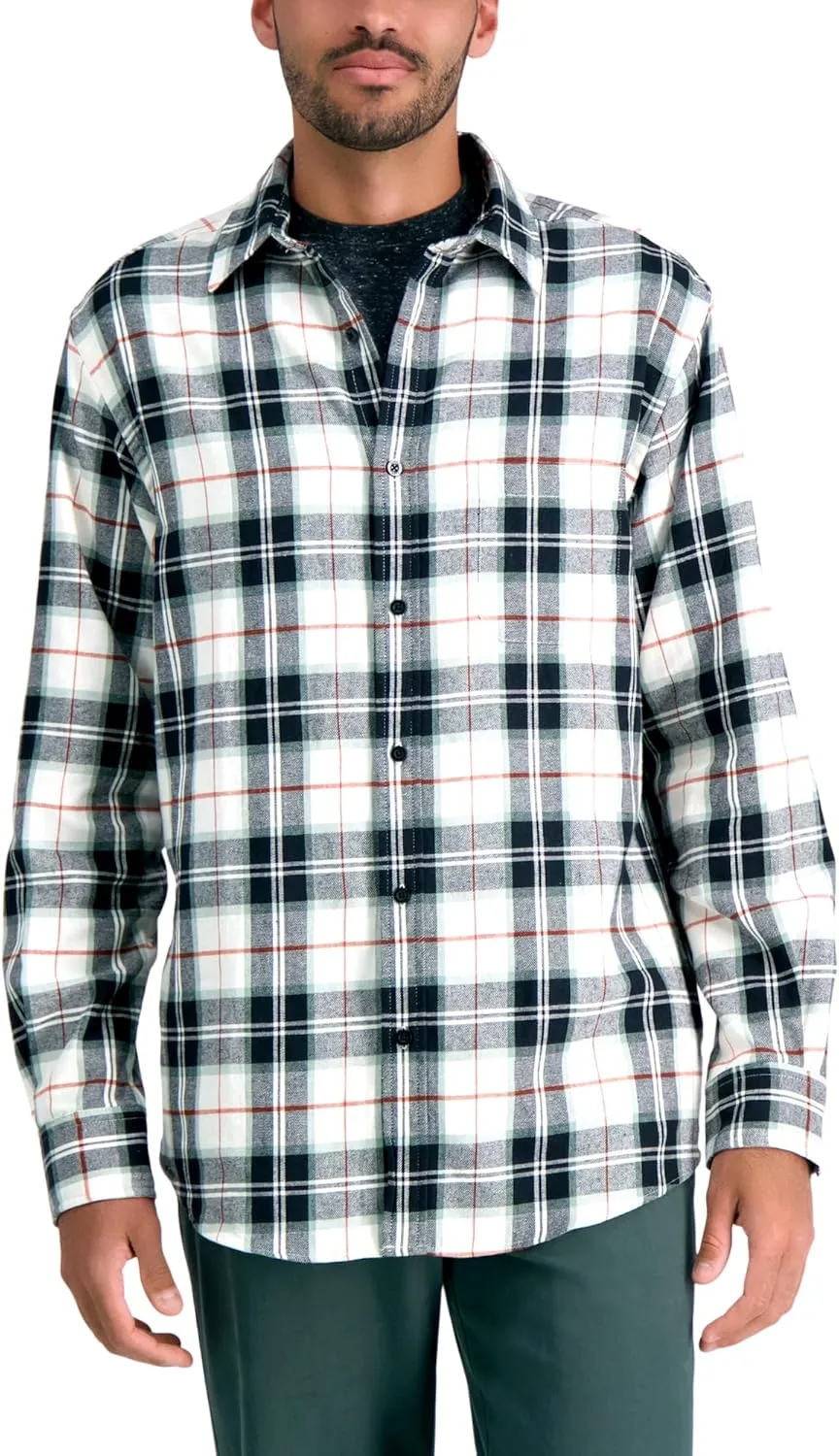 Haggar Men's Long Sleeve Brushed Cotton Plaid Flannel Button Down Shirt