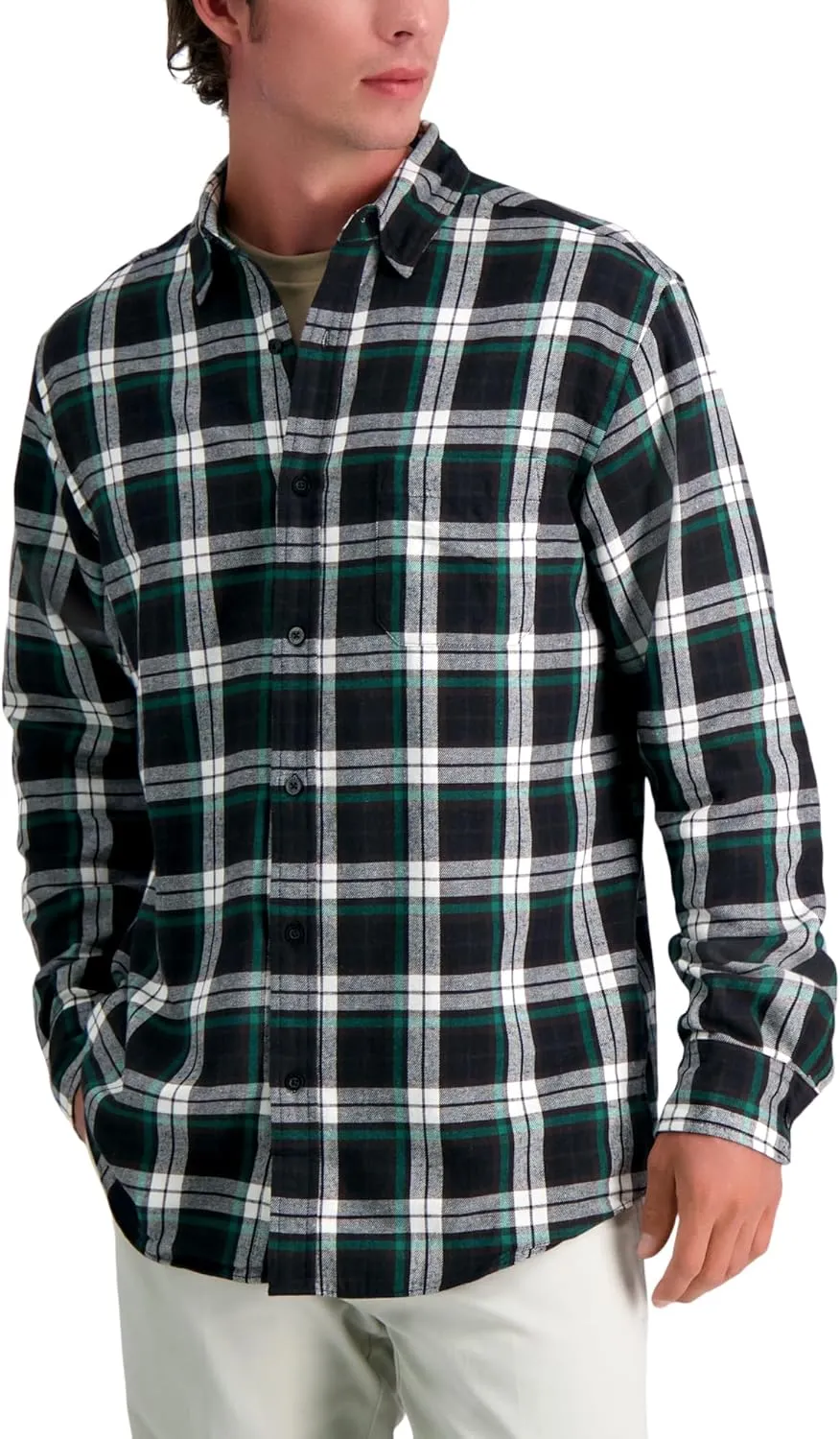 Haggar Men's Long Sleeve Brushed Cotton Plaid Flannel Button Down Shirt