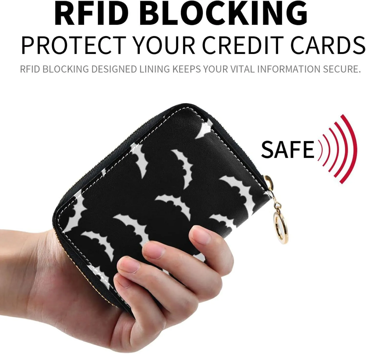 Halloween Bat RFID Credit Card Holder Wallets Accordion for Women Leather Zipper Card Case Accordion Wallet for Ladies Girls
