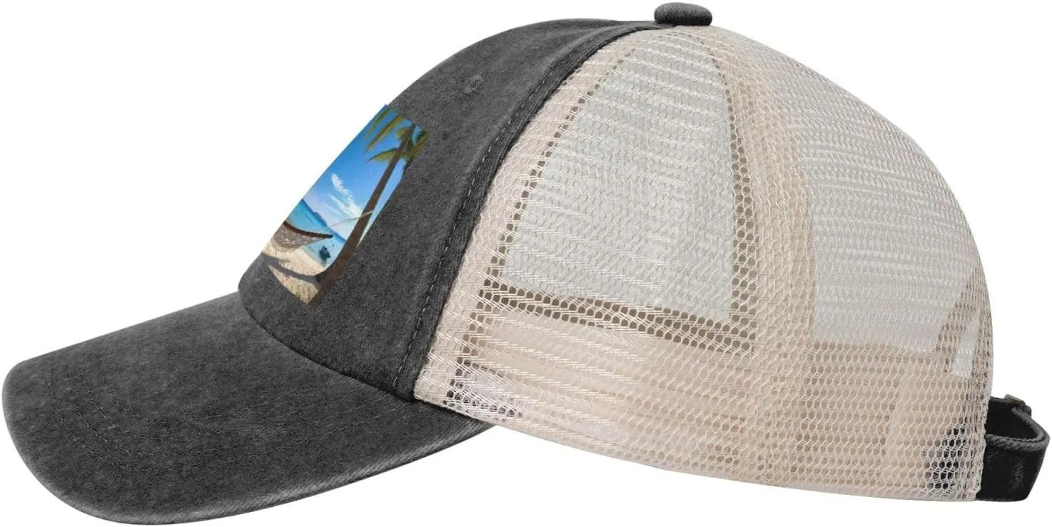 Hammock Hanging from Palm Trees Printed Cowboy Mesh Baseball Cap — Adjustable mesh