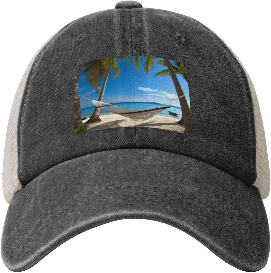 Hammock Hanging from Palm Trees Printed Cowboy Mesh Baseball Cap — Adjustable mesh