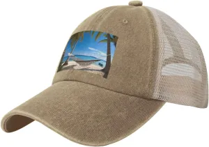 Hammock Hanging from Palm Trees Printed Cowboy Mesh Baseball Cap — Adjustable mesh