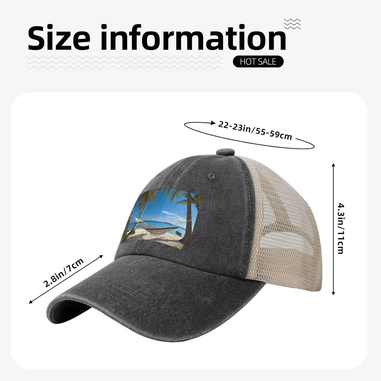 Hammock Hanging from Palm Trees Printed Cowboy Mesh Baseball Cap — Adjustable mesh