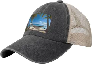 Hammock Hanging from Palm Trees Printed Cowboy Mesh Baseball Cap — Adjustable mesh