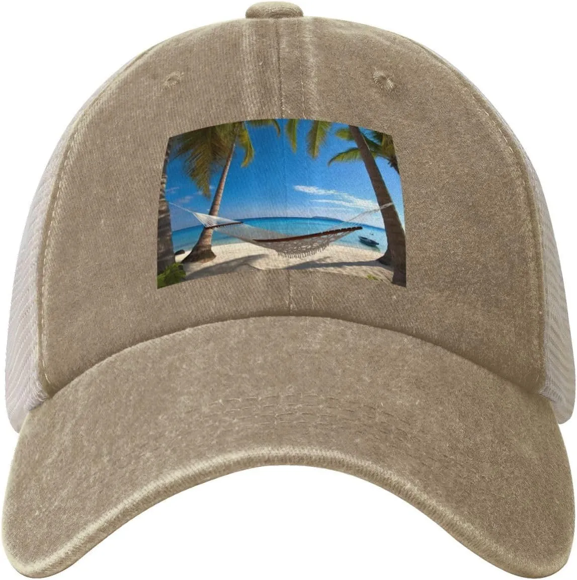 Hammock Hanging from Palm Trees Printed Cowboy Mesh Baseball Cap — Adjustable mesh
