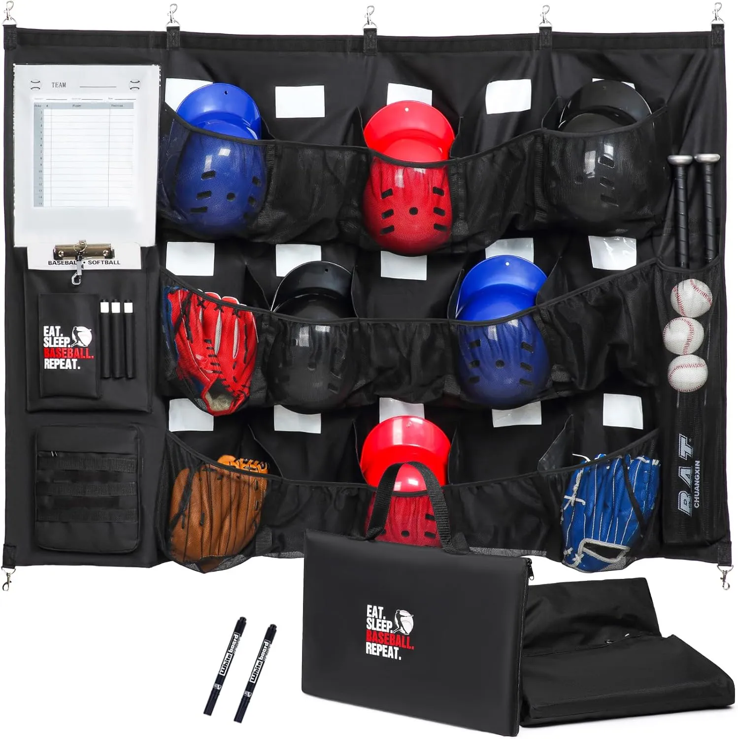 Hanging Baseball Helmets Bag Softball Team Dugout Organizer Baseball Coches Equipment Bag for 15 Player Helmets, Gloves, Balls, Bat