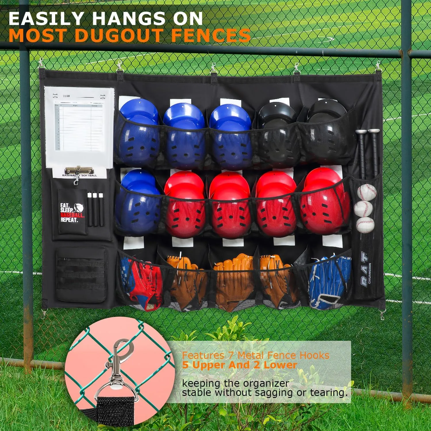 Hanging Baseball Helmets Bag Softball Team Dugout Organizer Baseball Coches Equipment Bag for 15 Player Helmets, Gloves, Balls, Bat