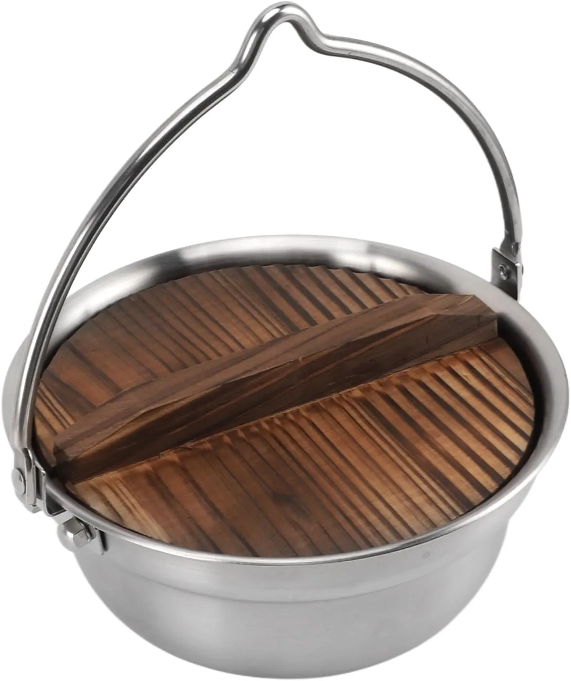 Hanging Camping Pot, Stainless Steel 3 Tier Outdoor Cookware with Wooden Cover for Campfire Cooking Pots Pans Induction Cooker Barbecues (4.5L)