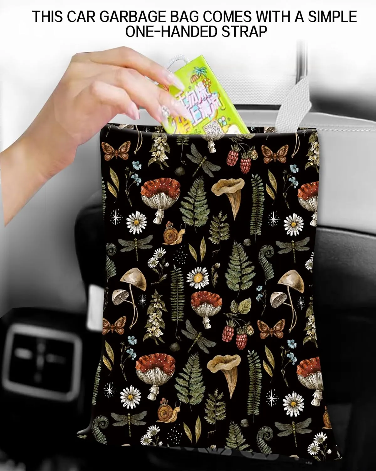 Hanging Car Trash Can - Boho Mushroom Design, Back Seat Organizer for Travel, Camping, Vehicle Accessories