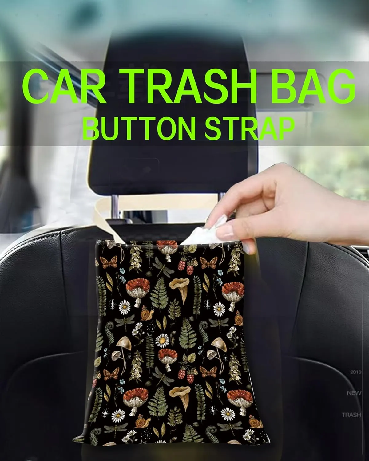 Hanging Car Trash Can - Boho Mushroom Design, Back Seat Organizer for Travel, Camping, Vehicle Accessories