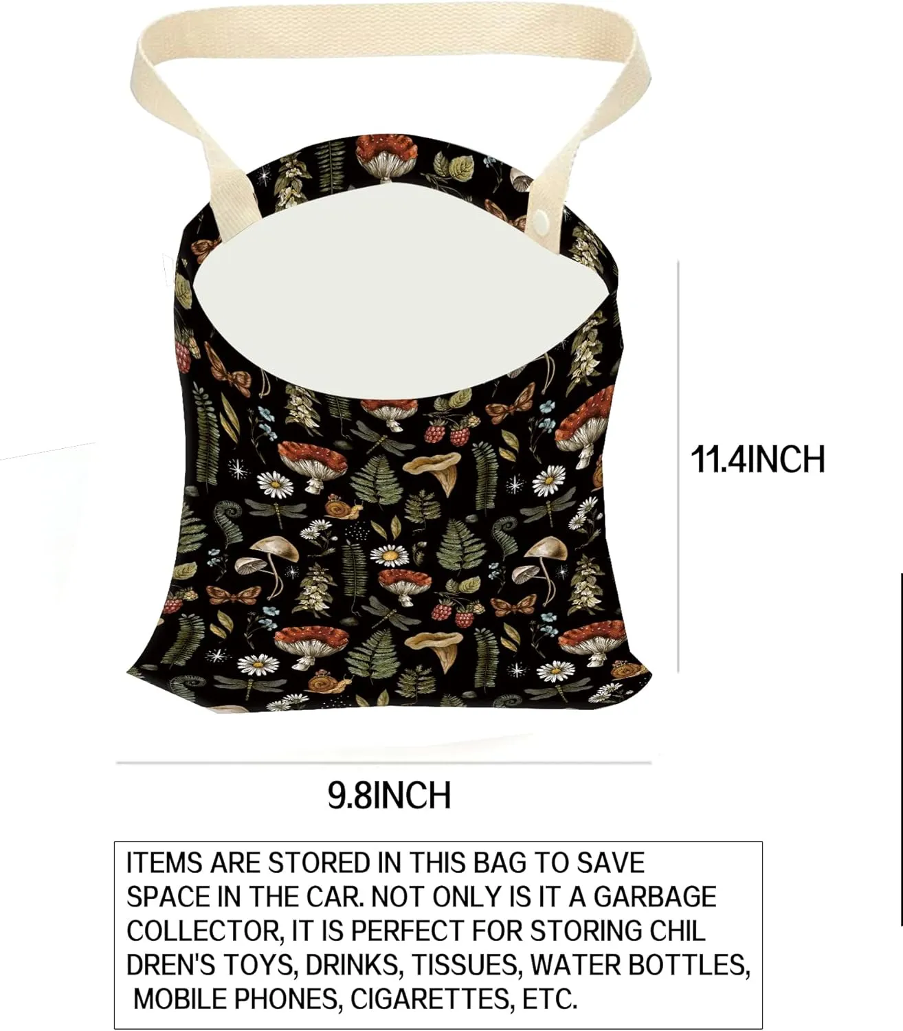 Hanging Car Trash Can - Boho Mushroom Design, Back Seat Organizer for Travel, Camping, Vehicle Accessories
