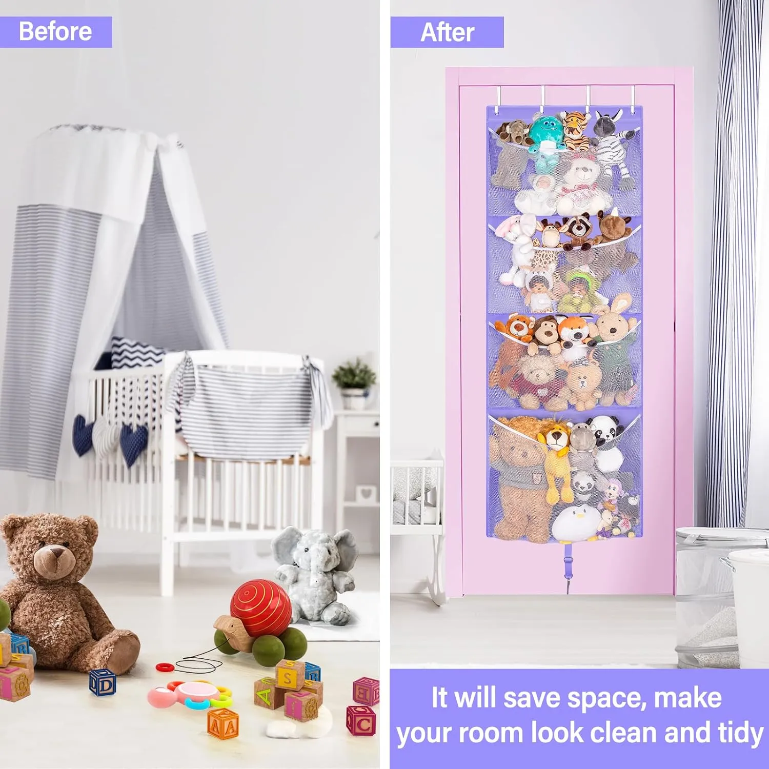 Hanging Stuffed Animal Storage, Over Door Large Plush Toy Organizer with Metal Hook, Baby Accessory Holder Idea for Nursery, Doll & Bear Mesh Hammock Bag for Girl Boy Kid Room