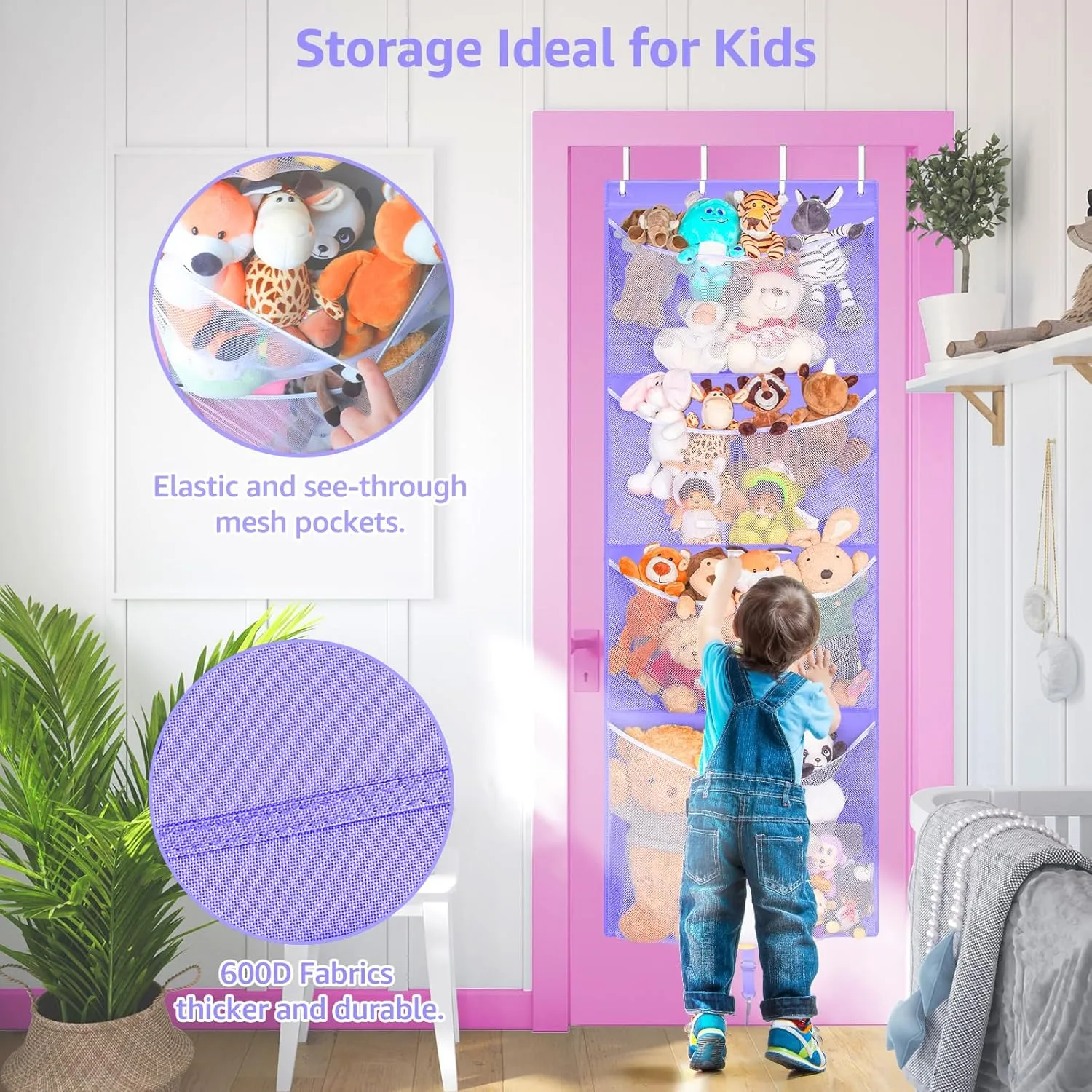 Hanging Stuffed Animal Storage, Over Door Large Plush Toy Organizer with Metal Hook, Baby Accessory Holder Idea for Nursery, Doll & Bear Mesh Hammock Bag for Girl Boy Kid Room