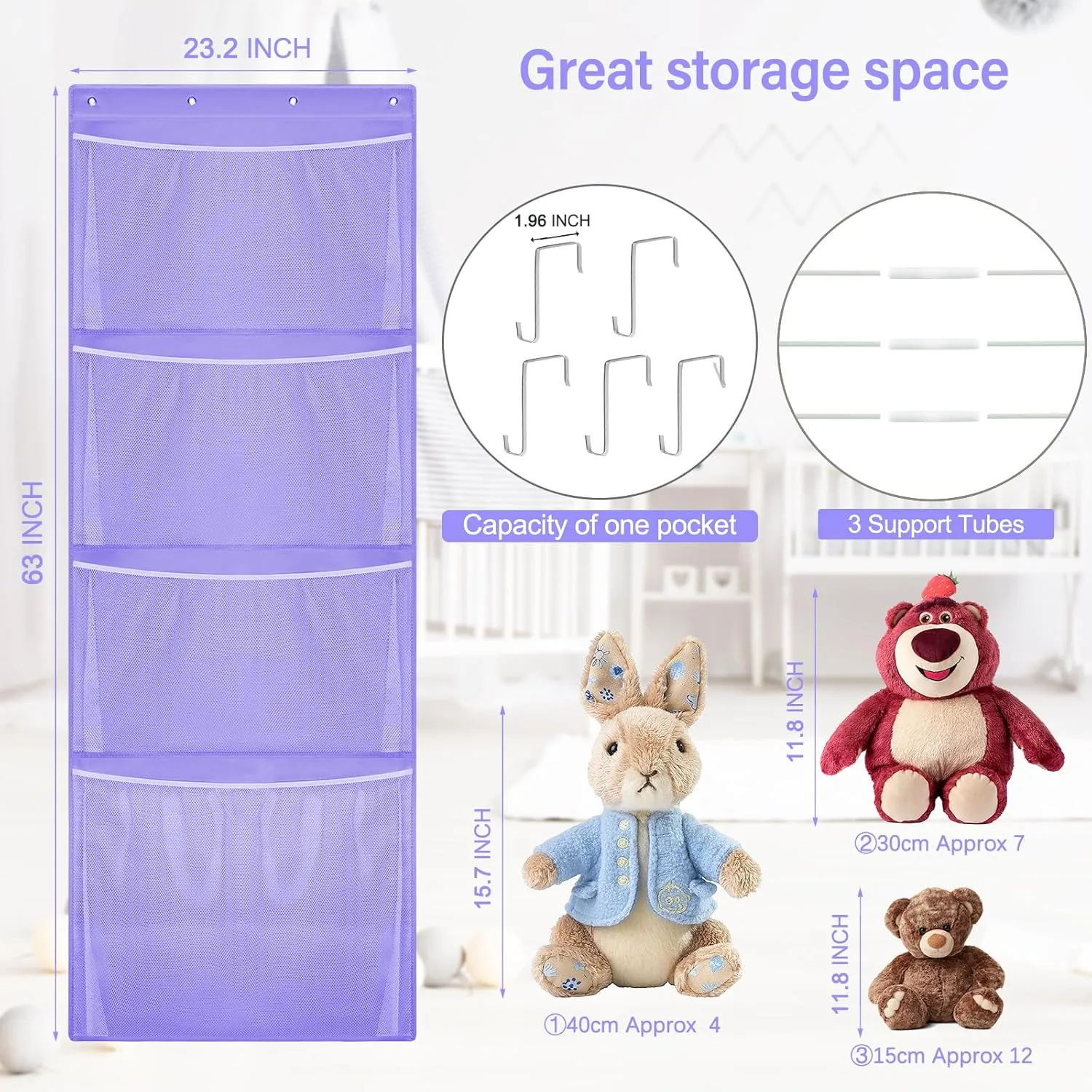 Hanging Stuffed Animal Storage, Over Door Large Plush Toy Organizer with Metal Hook, Baby Accessory Holder Idea for Nursery, Doll & Bear Mesh Hammock Bag for Girl Boy Kid Room