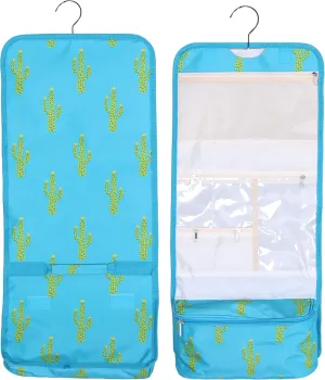 Hanging Toiletry Cosmetic Organizer Bag - Roll up for Storage and Travel (Turquoise Cactus Print)