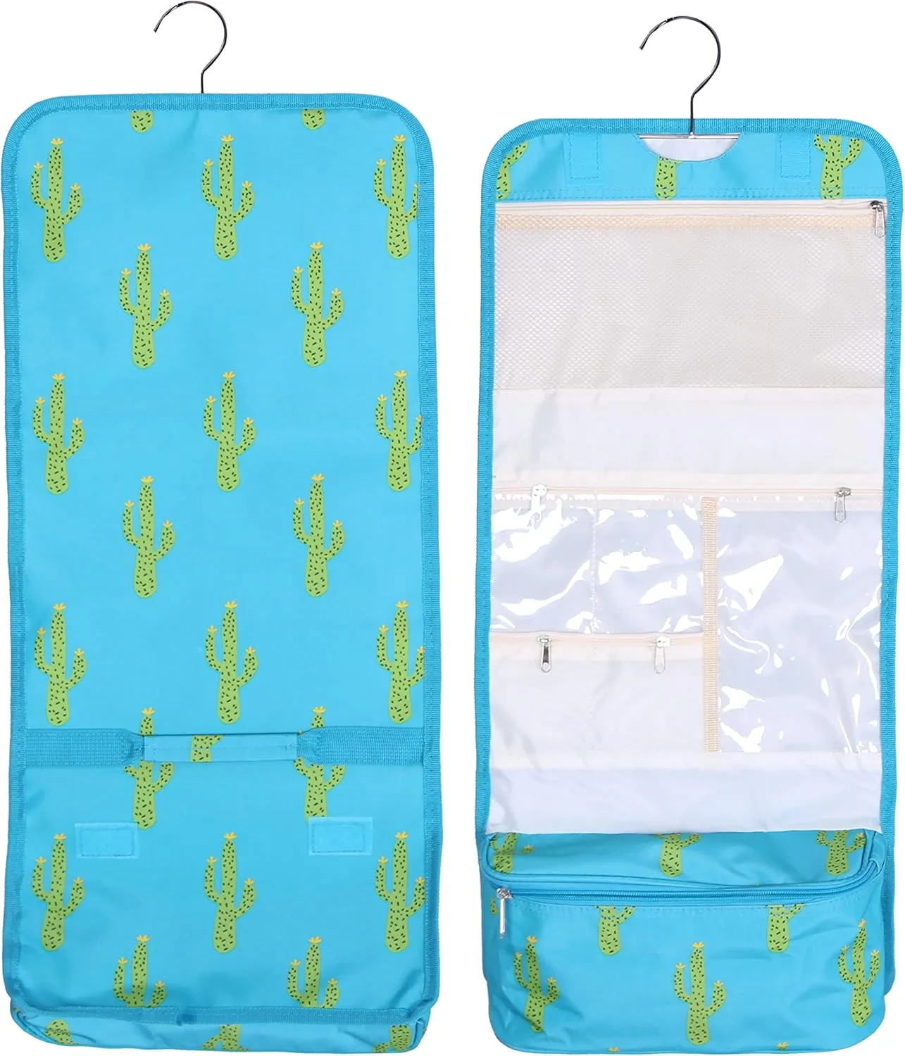 Hanging Toiletry Cosmetic Organizer Bag - Roll up for Storage and Travel (Turquoise Cactus Print)