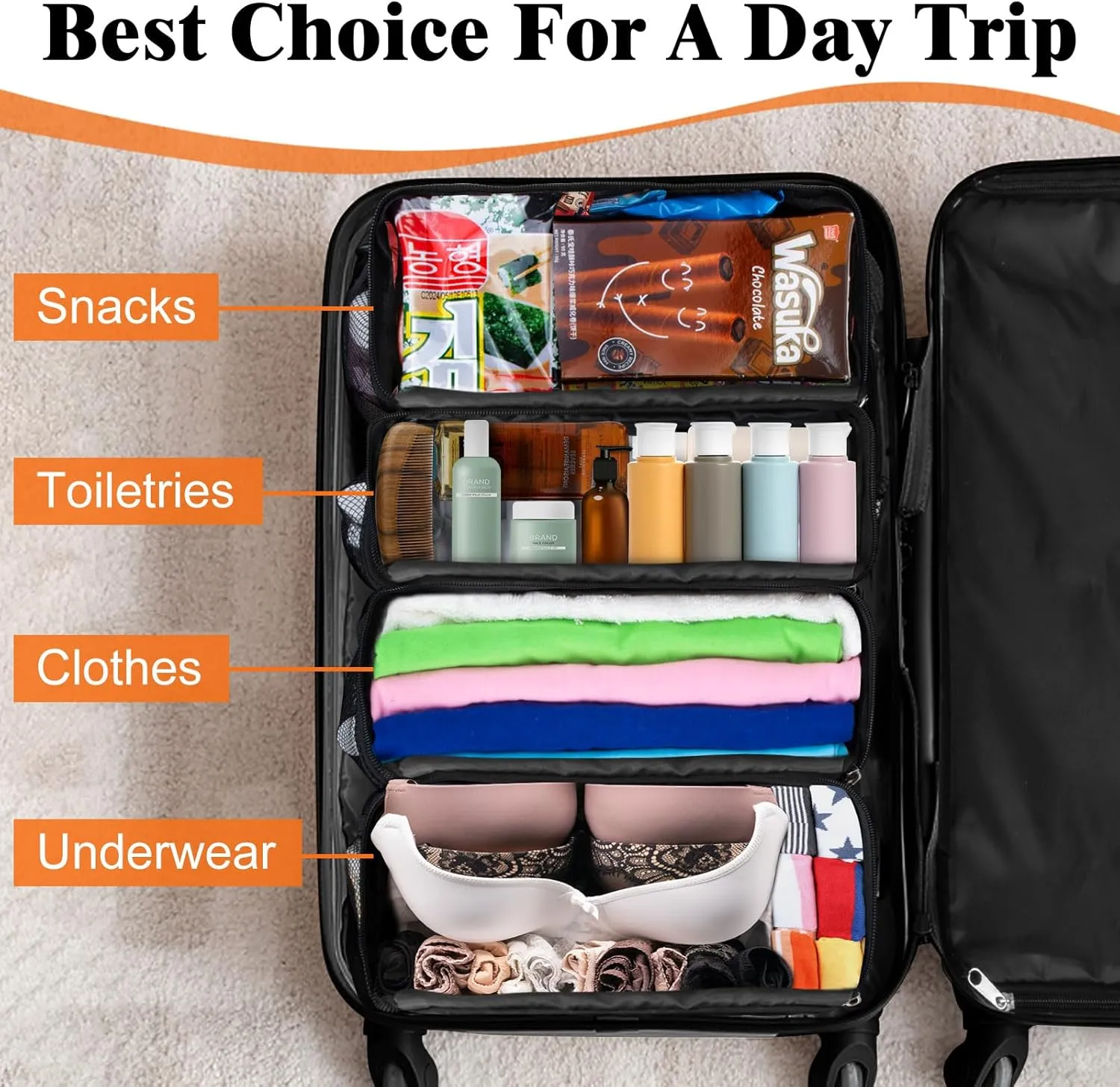 Hanging Travel Organizer, Carry-on Luggage Suitcase Organizer, Portable Shelves Packing Cube for Cruise Essentials, Small, Black