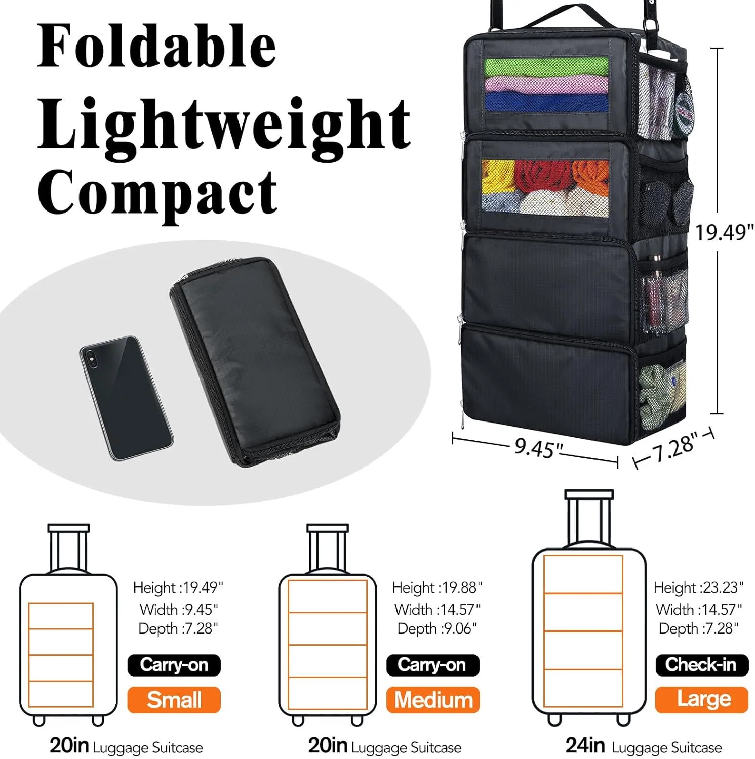 Hanging Travel Organizer, Carry-on Luggage Suitcase Organizer, Portable Shelves Packing Cube for Cruise Essentials, Small, Black