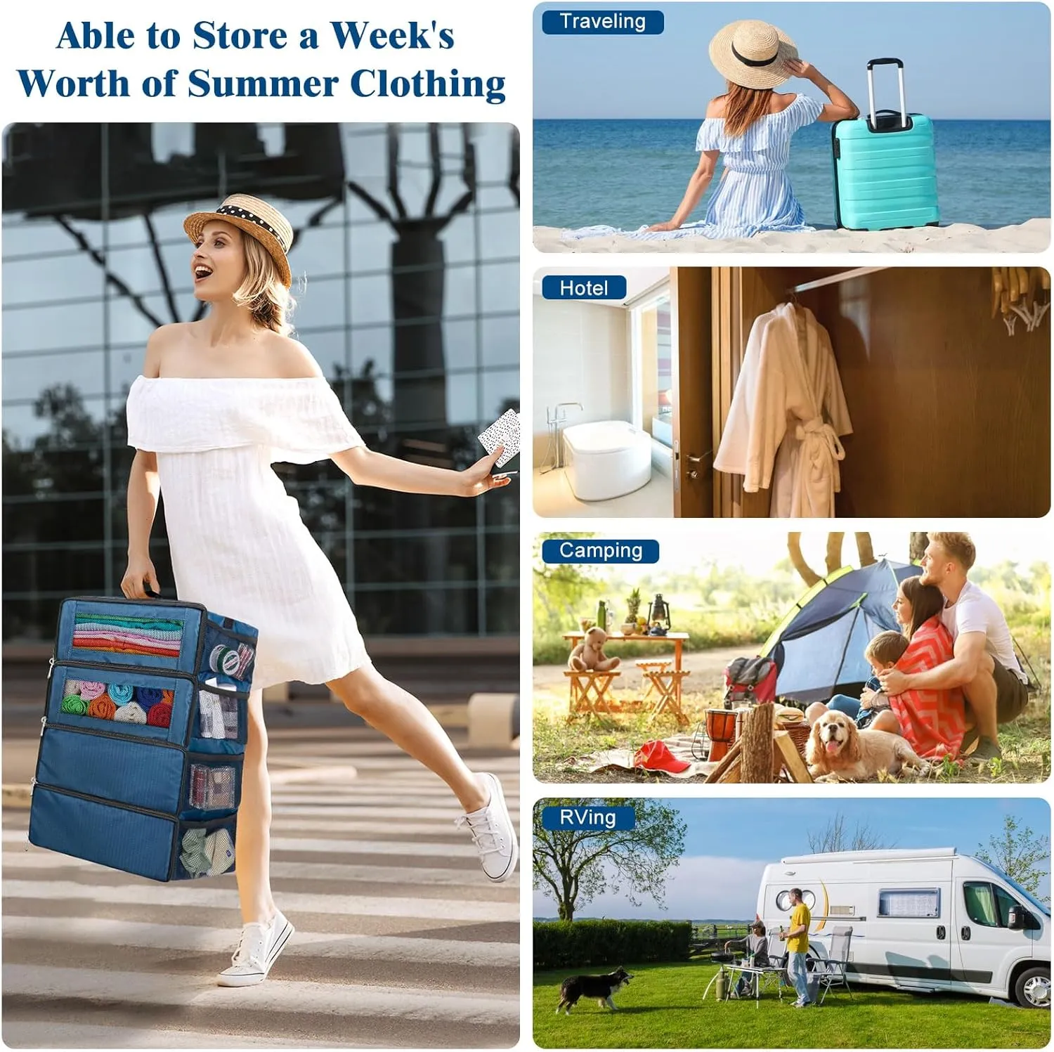 Hanging Travel Organizer, Carry-On Luggage Suitcase Organizer, Portable Travel Shelves Packing Cube for Cruise, Medium, Navy Blue