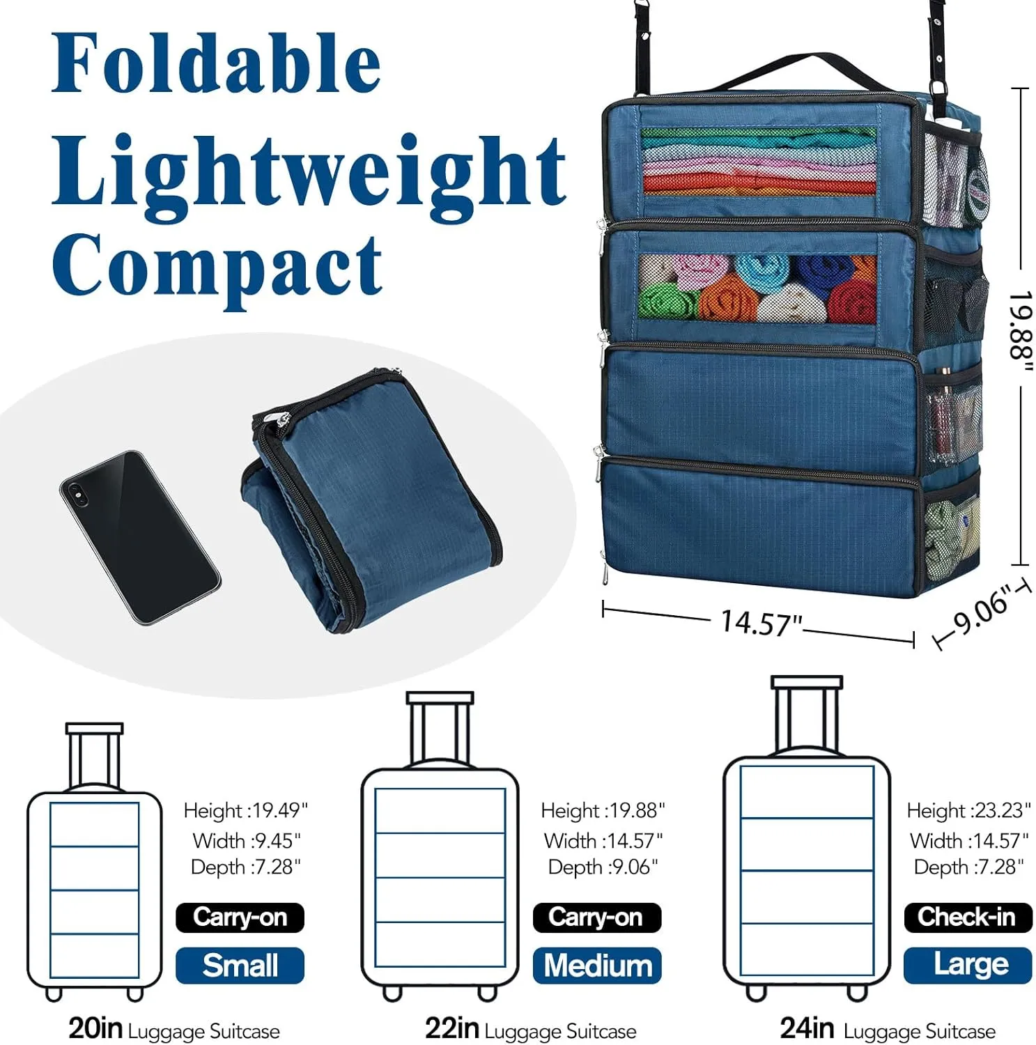 Hanging Travel Organizer, Carry-On Luggage Suitcase Organizer, Portable Travel Shelves Packing Cube for Cruise, Medium, Navy Blue