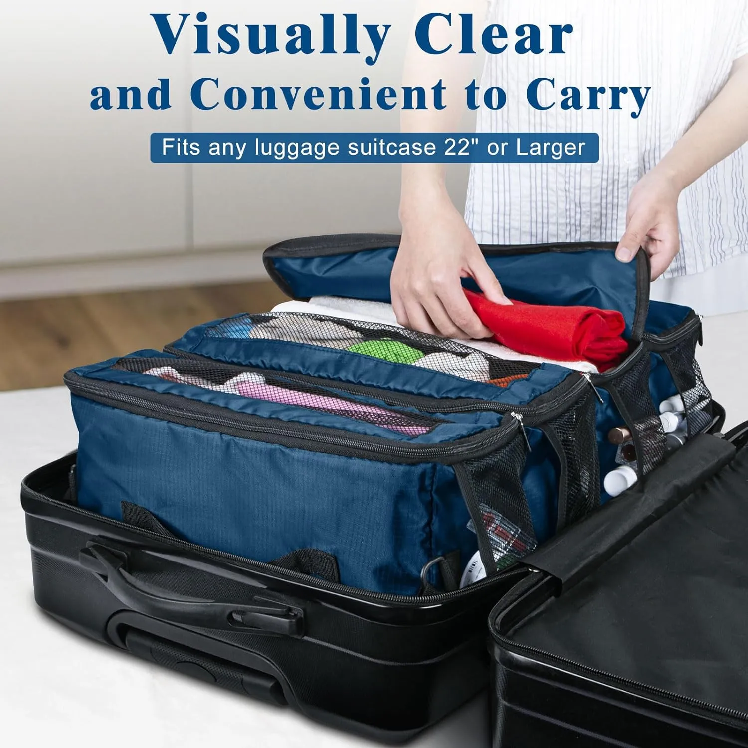 Hanging Travel Organizer, Carry-On Luggage Suitcase Organizer, Portable Travel Shelves Packing Cube for Cruise, Medium, Navy Blue