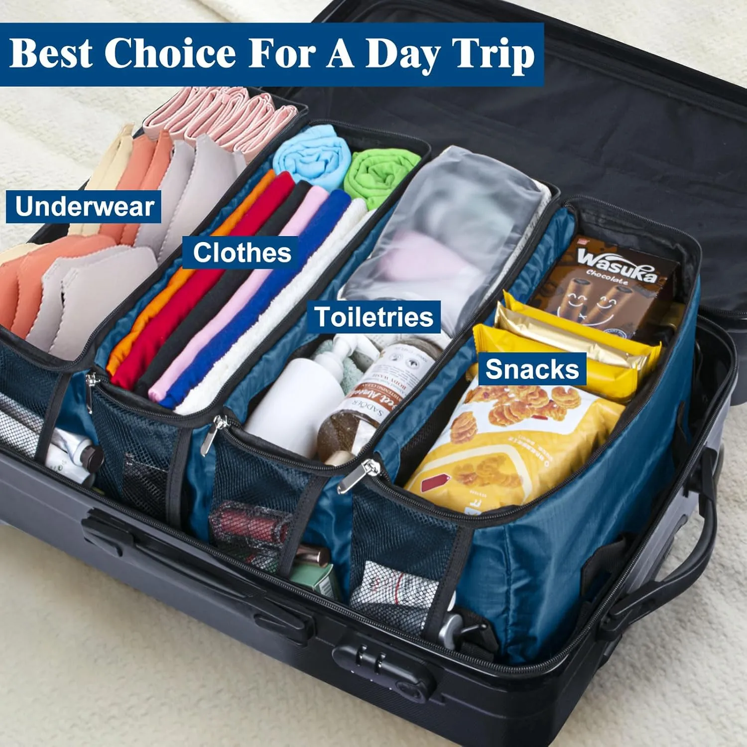 Hanging Travel Organizer, Carry-On Luggage Suitcase Organizer, Portable Travel Shelves Packing Cube for Cruise, Medium, Navy Blue