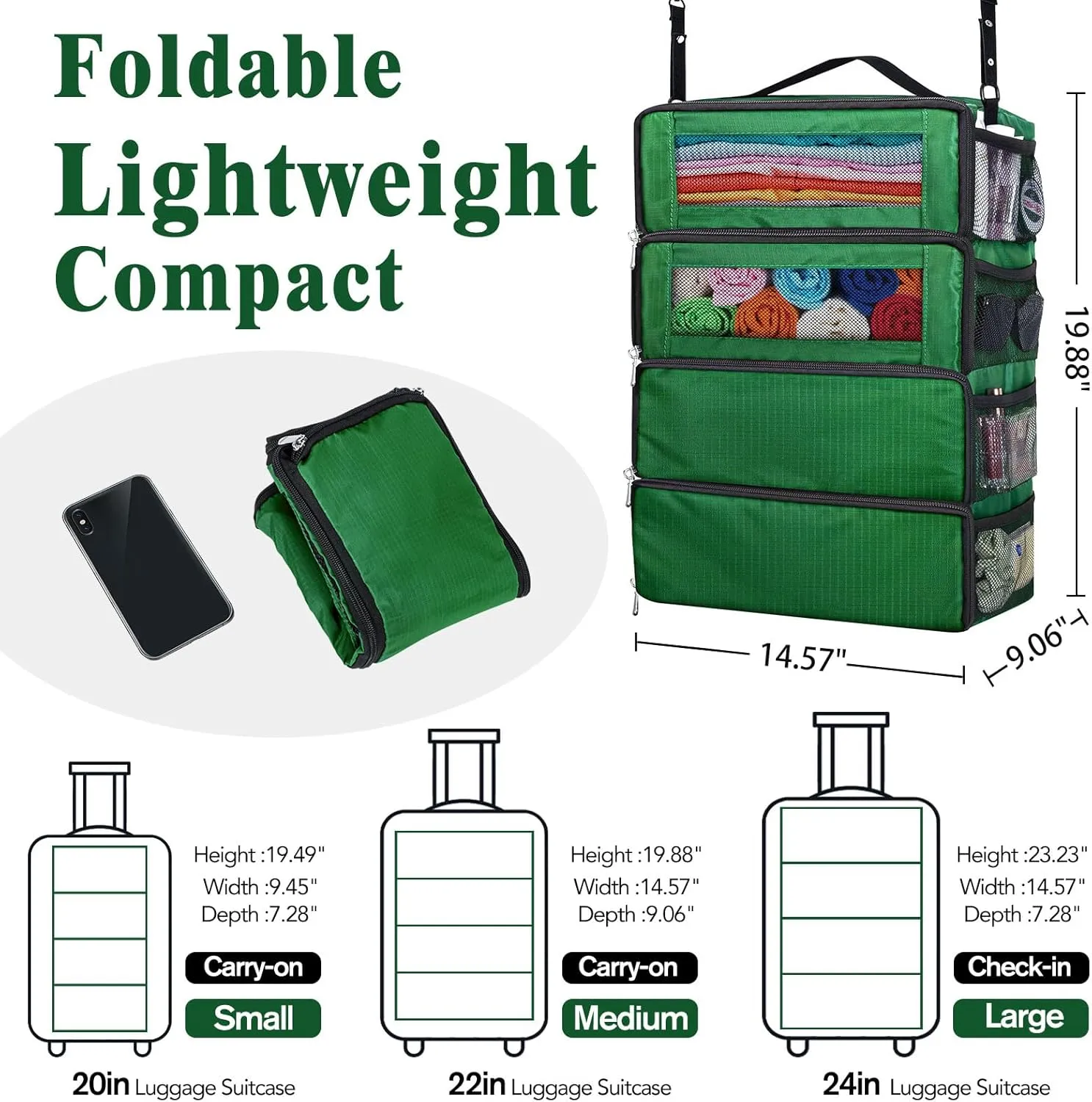 Hanging Travel Organizer, Carry on Luggage Suitcase Organizer, Travel Essentials Portable Travel Shelves Packing Cube for Travel Cruise Medium,Green