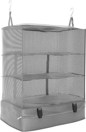 Hanging Travel Organizer - Luggage Packing Storage Cube - Carry On Closet for Suitcase with Collapsible Shelves, Smart Compact Foldable Clothes Storage Bag, Lightweight Portable Design (Gray)