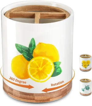 HAPPY KIT 7.6" Extra Large Kitchen Utensil Holder, 360 Rotating, 3 Compartment, Lemon, Ceramic